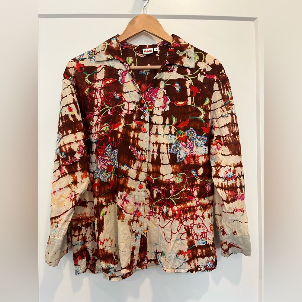 Tianello Size M  Cotton Embroidered Tie Dye Boho Lagenlook hippie colorful shirt